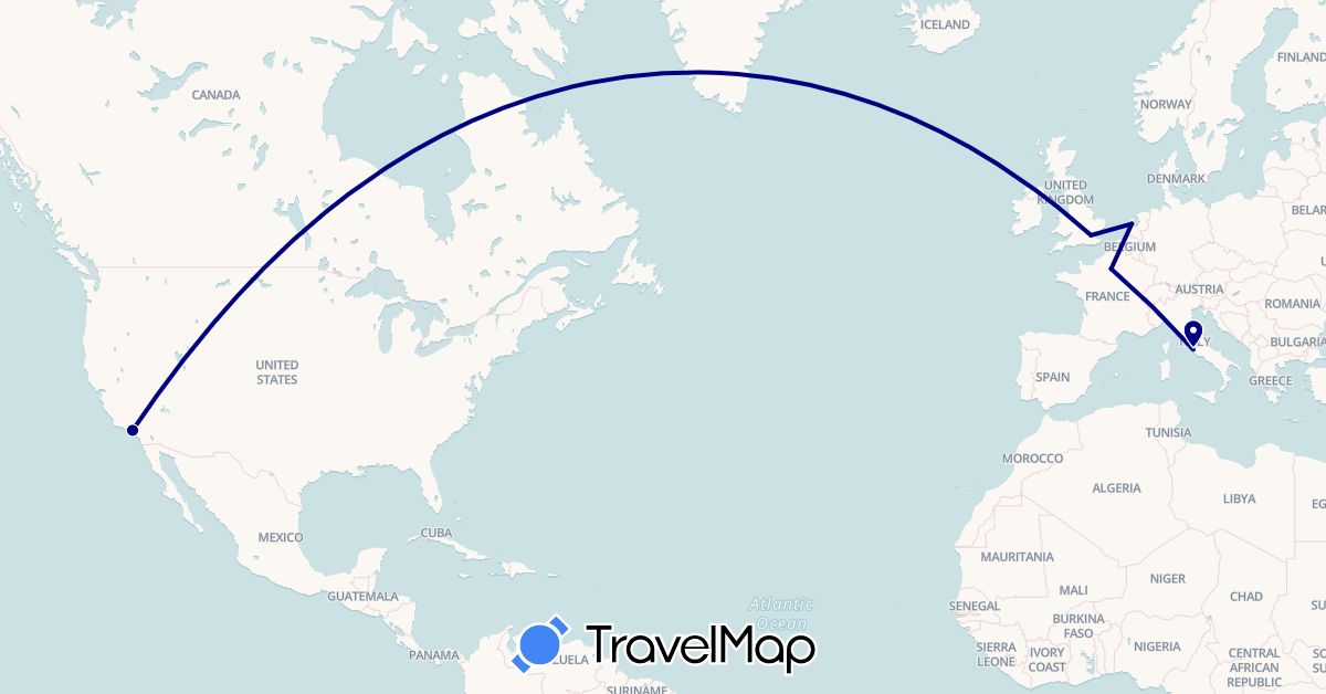 TravelMap itinerary: driving in France, United Kingdom, Italy, Netherlands, United States (Europe, North America)